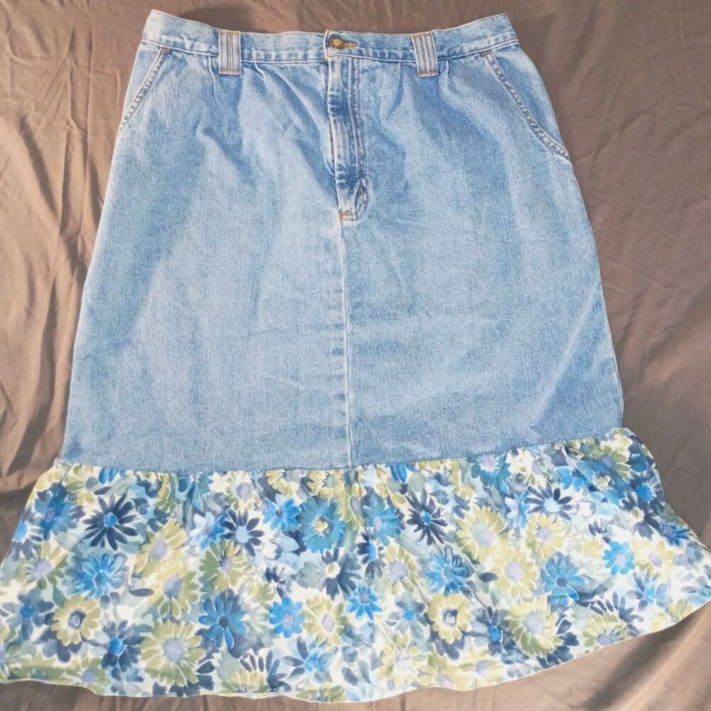 Vintage 90s Crossroads Denim Floral Ruffle Midi Skirt Prairie Cottagecore Boho
